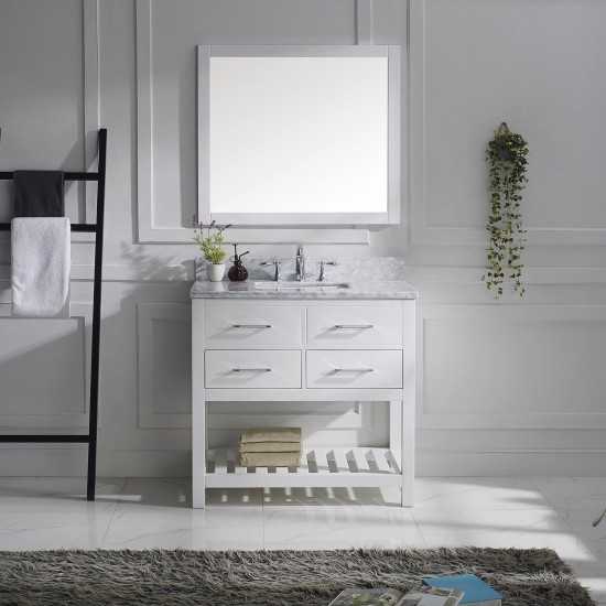 Caroline Estate 36" Single Bath Vanity in White with White Marble Top and Square Sink with Polished Chrome Faucet and Mirrors