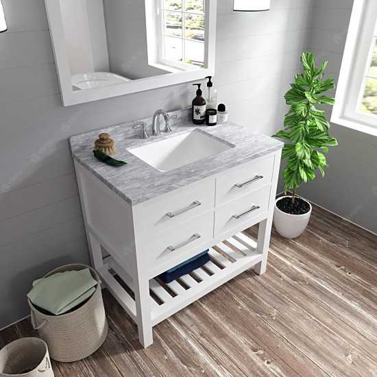 Caroline Estate 36" Single Bath Vanity in White with White Marble Top and Square Sink with Polished Chrome Faucet and Mirrors