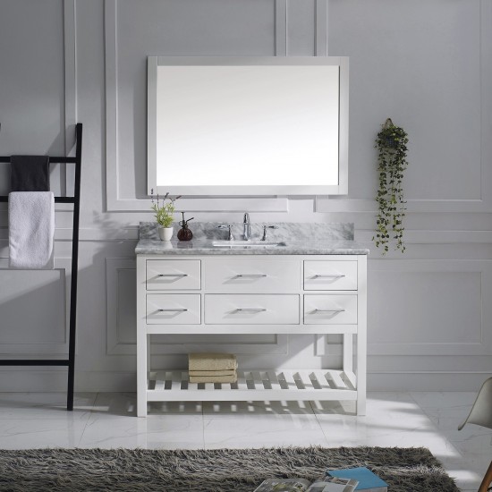 Caroline Estate 48" Single Bath Vanity in White with White Marble Top and Square Sink with Brushed Nickel Faucet and Mirrors