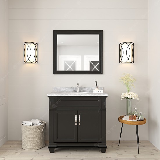 Victoria 36" Single Bath Vanity in Espresso with White Marble Top and Round Sink with Brushed Nickel Faucet and Matching Mirr