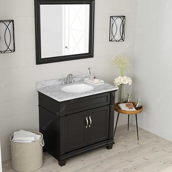 Victoria 36" Single Bath Vanity in Espresso with White Marble Top and Round Sink with Brushed Nickel Faucet and Matching Mirr