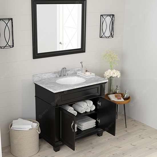 Victoria 36" Single Bath Vanity in Espresso with White Marble Top and Round Sink with Brushed Nickel Faucet and Matching Mirr
