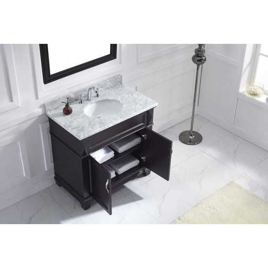 Victoria 36" Single Bath Vanity in Espresso with White Marble Top and Round Sink with Brushed Nickel Faucet and Matching Mirr