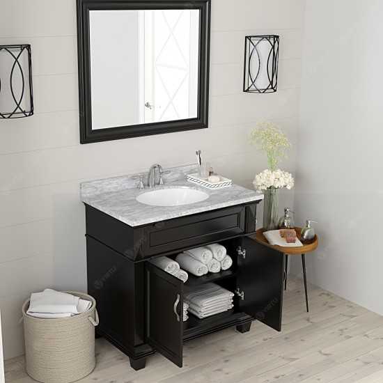 Victoria 36" Single Bath Vanity in Espresso with White Marble Top and Round Sink with Polished Chrome Faucet and Matching Mir