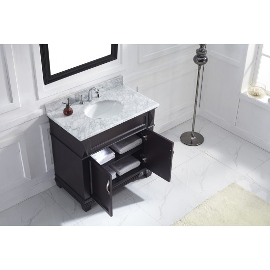 Victoria 36" Single Bath Vanity in Espresso with White Marble Top and Round Sink with Polished Chrome Faucet and Matching Mir