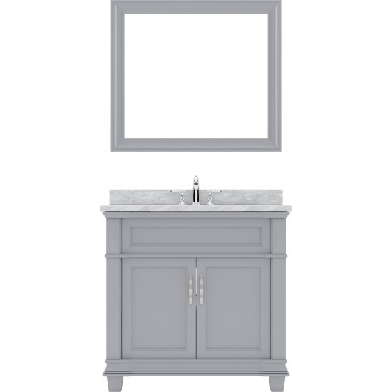 Victoria 36" Single Bath Vanity in Gray with White Marble Top and Round Sink and Matching Mirror