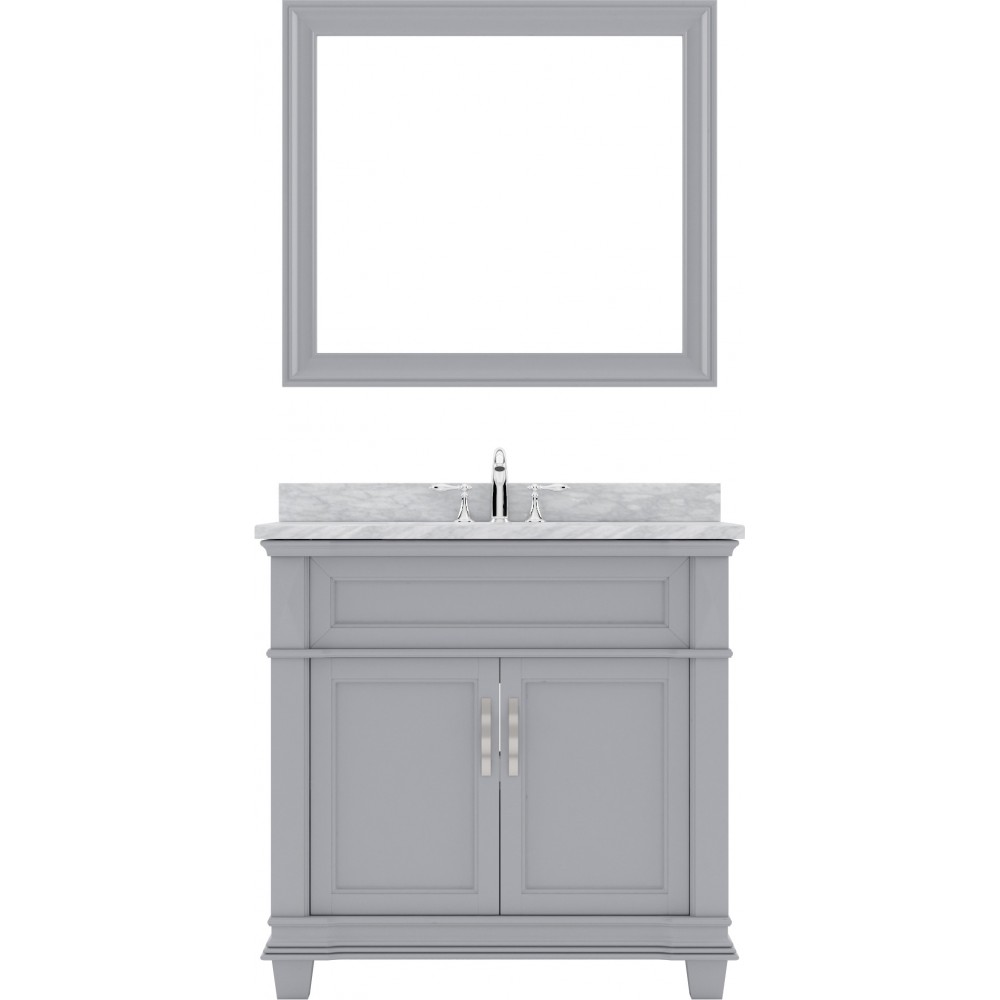 Victoria 36" Single Bath Vanity in Gray with White Marble Top and Round Sink and Matching Mirror