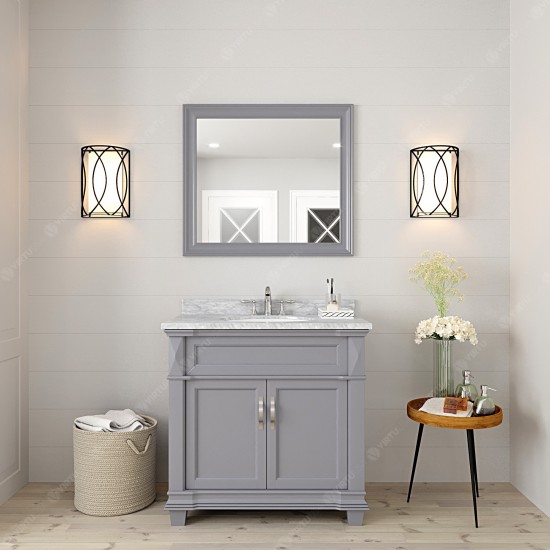 Victoria 36" Single Bath Vanity in Gray with White Marble Top and Round Sink and Matching Mirror