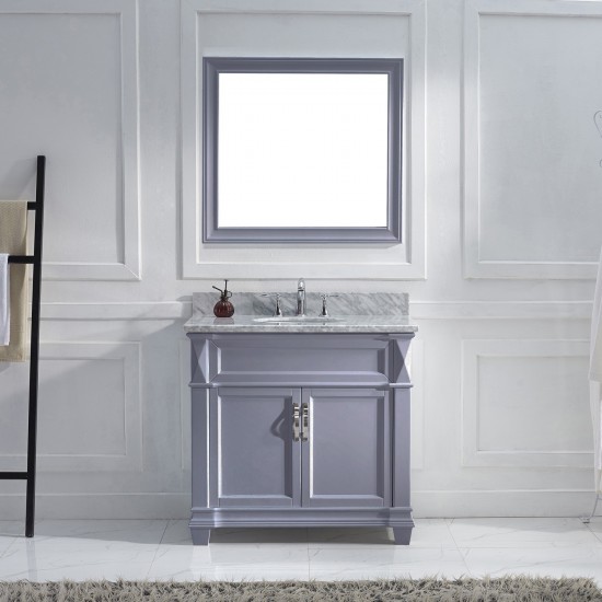 Victoria 36" Single Bath Vanity in Gray with White Marble Top and Round Sink with Brushed Nickel Faucet and Matching Mirror