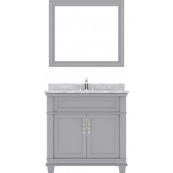 Victoria 36" Single Bath Vanity in Gray with White Marble Top and Round Sink with Polished Chrome Faucet and Matching Mirror