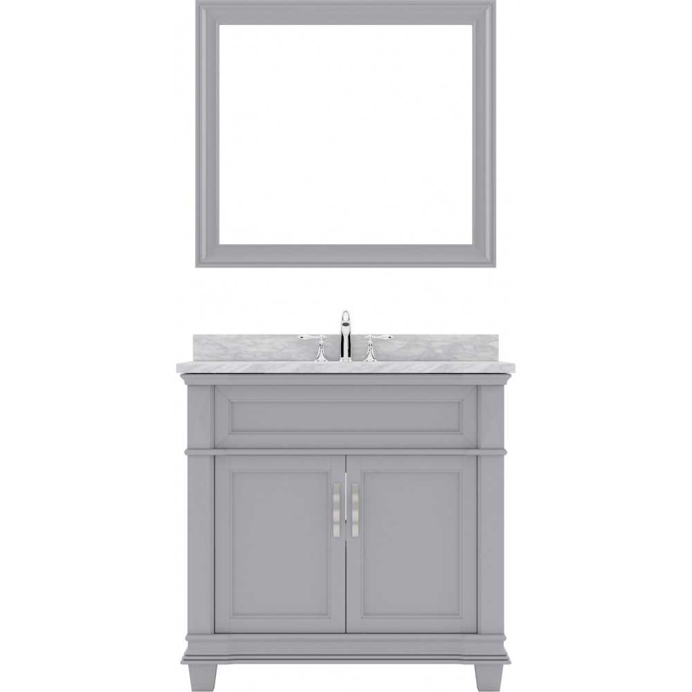 Victoria 36" Single Bath Vanity in Gray with White Marble Top and Round Sink with Polished Chrome Faucet and Matching Mirror