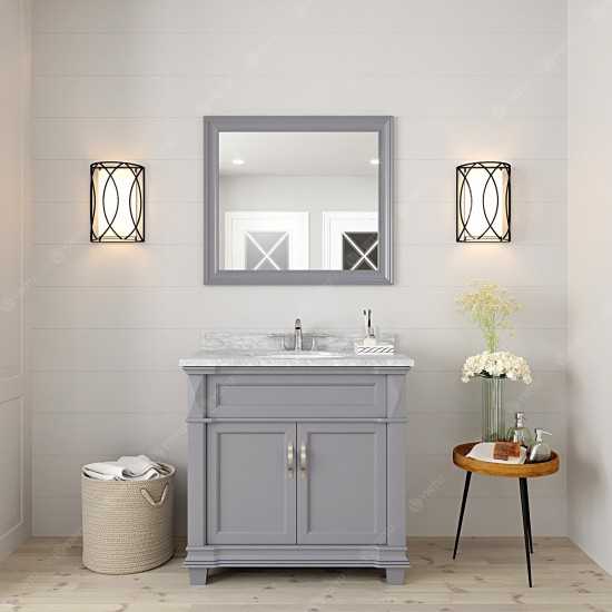 Victoria 36" Single Bath Vanity in Gray with White Marble Top and Round Sink with Polished Chrome Faucet and Matching Mirror