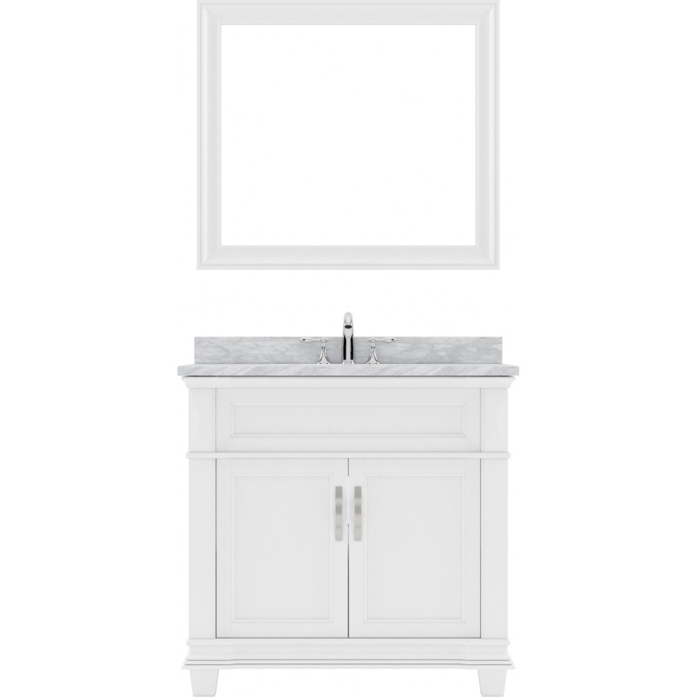 Victoria 36" Single Bath Vanity in White with White Marble Top and Round Sink and Matching Mirror