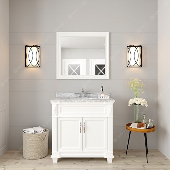 Victoria 36" Single Bath Vanity in White with White Marble Top and Round Sink and Matching Mirror