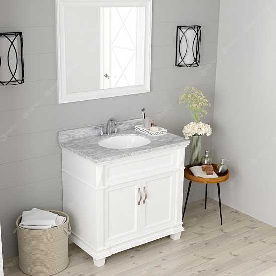 Victoria 36" Single Bath Vanity in White with White Marble Top and Round Sink and Matching Mirror