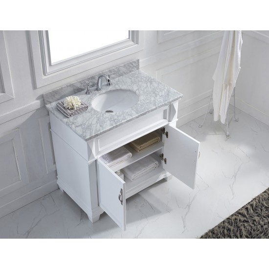 Victoria 36" Single Bath Vanity in White with White Marble Top and Round Sink and Matching Mirror