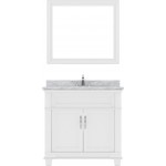Victoria 36" Single Bath Vanity in White with White Marble Top and Round Sink with Polished Chrome Faucet and Matching Mirror
