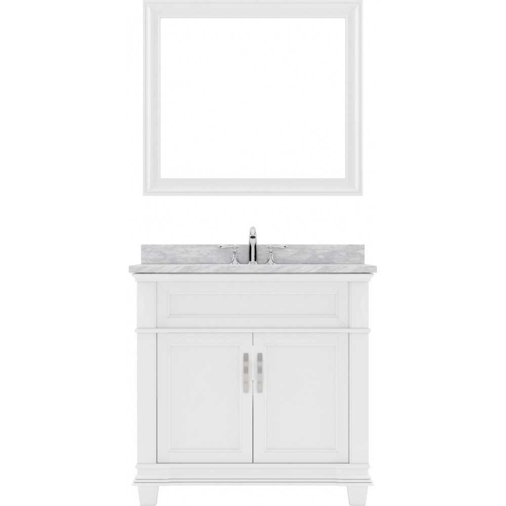 Victoria 36" Single Bath Vanity in White with White Marble Top and Round Sink with Polished Chrome Faucet and Matching Mirror
