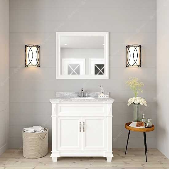 Victoria 36" Single Bath Vanity in White with White Marble Top and Round Sink with Polished Chrome Faucet and Matching Mirror
