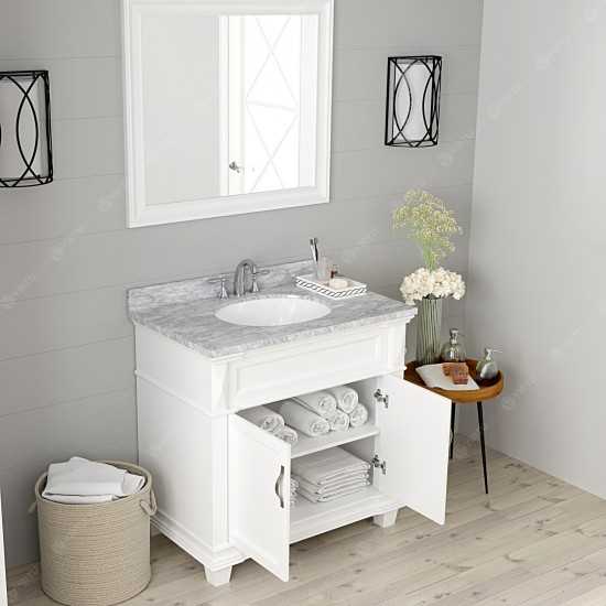 Victoria 36" Single Bath Vanity in White with White Marble Top and Round Sink with Polished Chrome Faucet and Matching Mirror
