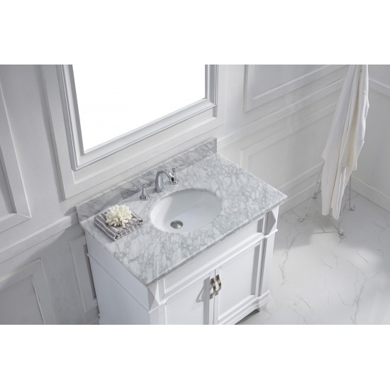 Victoria 36" Single Bath Vanity in White with White Marble Top and Round Sink with Polished Chrome Faucet and Matching Mirror