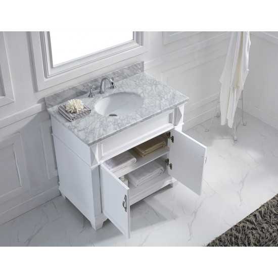 Victoria 36" Single Bath Vanity in White with White Marble Top and Round Sink with Polished Chrome Faucet and Matching Mirror