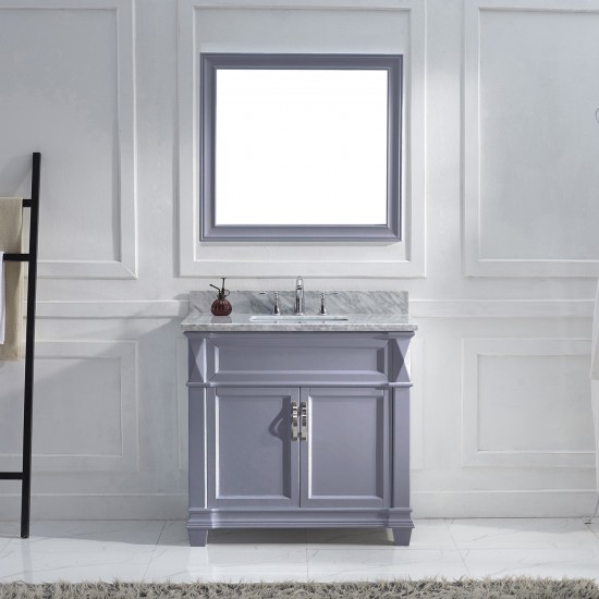 Victoria 36" Single Bath Vanity in Gray with White Marble Top and Square Sink and Matching Mirror