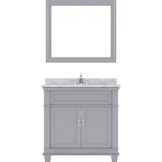 Victoria 36" Single Bath Vanity in Gray with White Marble Top and Square Sink with Brushed Nickel Faucet and Matching Mirror