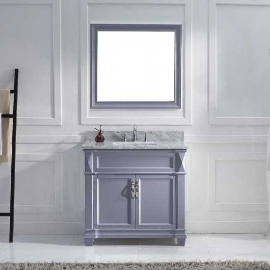 Victoria 36" Single Bath Vanity in Gray with White Marble Top and Square Sink with Brushed Nickel Faucet and Matching Mirror