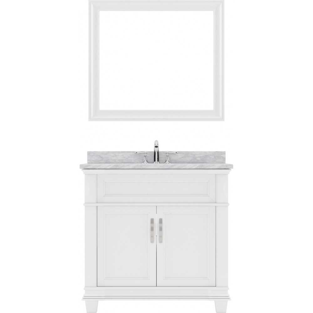 Victoria 36" Single Bath Vanity in White with White Marble Top and Square Sink and Matching Mirror