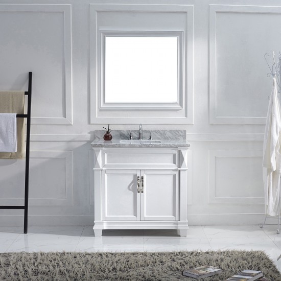 Victoria 36" Single Bath Vanity in White with White Marble Top and Square Sink and Matching Mirror