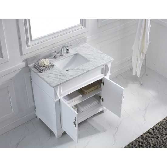 Victoria 36" Single Bath Vanity in White with White Marble Top and Square Sink with Polished Chrome Faucet and Matching Mirro