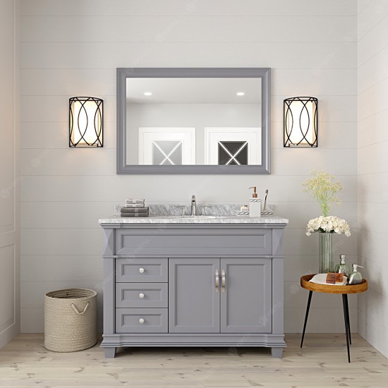 Victoria 48" Single Bath Vanity in Gray with White Marble Top and Round Sink with Brushed Nickel Faucet and Matching Mirror