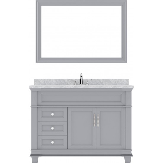 Victoria 48" Single Bath Vanity in Gray with White Marble Top and Round Sink with Polished Chrome Faucet and Matching Mirror