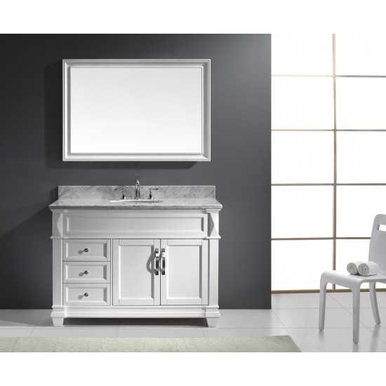 Victoria 48" Single Bath Vanity in White with White Marble Top and Round Sink and Matching Mirror