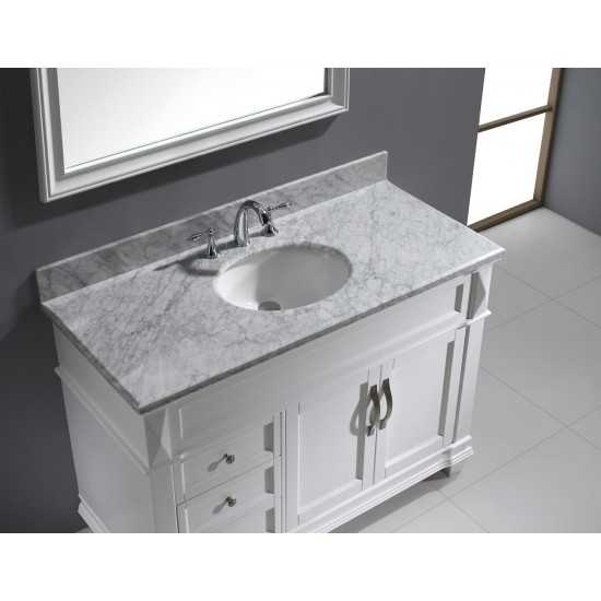Victoria 48" Single Bath Vanity in White with White Marble Top and Round Sink and Matching Mirror
