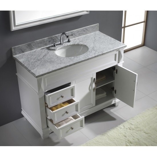 Victoria 48" Single Bath Vanity in White with White Marble Top and Round Sink and Matching Mirror