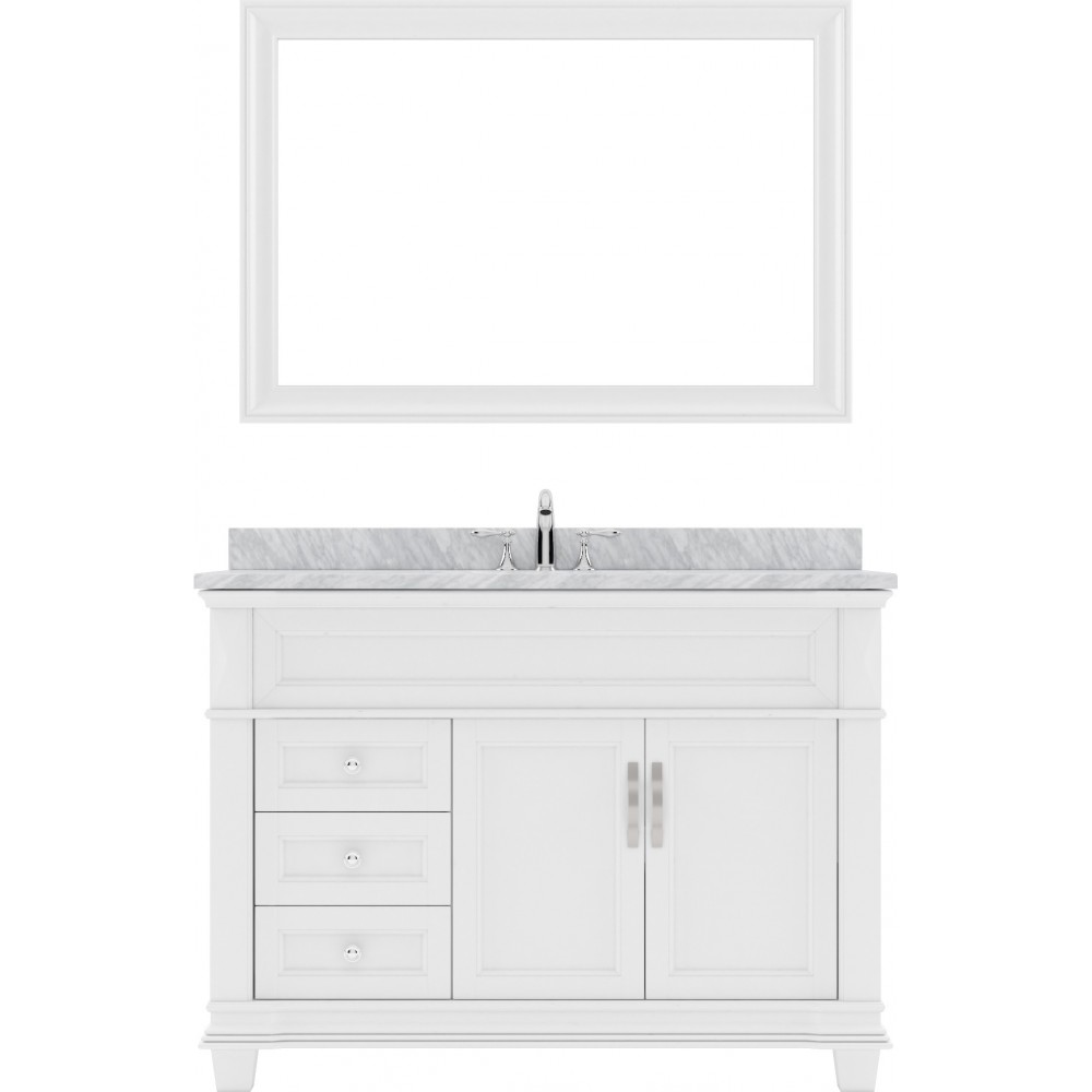 Victoria 48" Single Bath Vanity in White with White Marble Top and Round Sink with Brushed Nickel Faucet and Matching Mirror