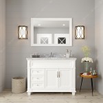 Victoria 48" Single Bath Vanity in White with White Marble Top and Round Sink with Brushed Nickel Faucet and Matching Mirror