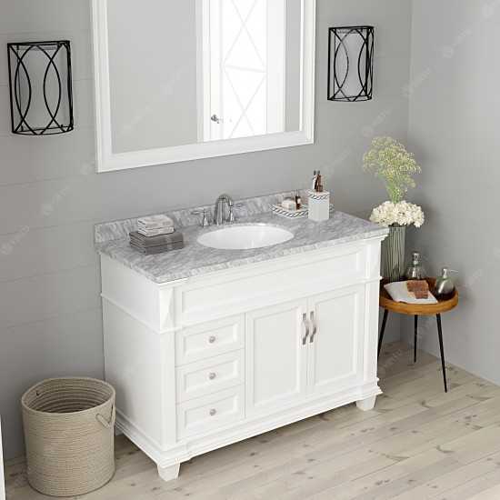 Victoria 48" Single Bath Vanity in White with White Marble Top and Round Sink with Brushed Nickel Faucet and Matching Mirror