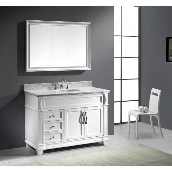 Victoria 48" Single Bath Vanity in White with White Marble Top and Round Sink with Brushed Nickel Faucet and Matching Mirror