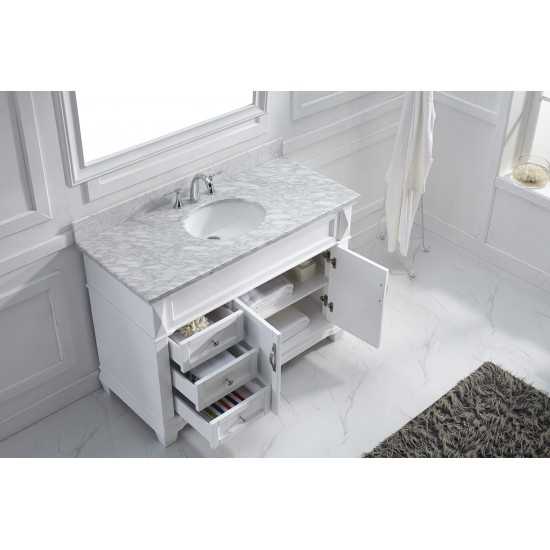 Victoria 48" Single Bath Vanity in White with White Marble Top and Round Sink with Polished Chrome Faucet and Matching Mirror