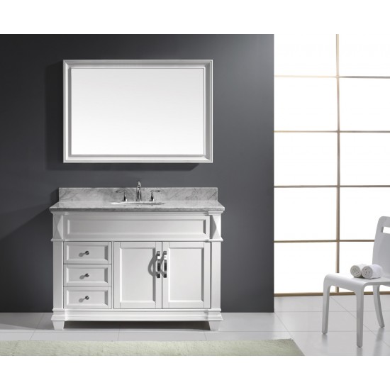 Victoria 48" Single Bath Vanity in White with White Marble Top and Round Sink with Polished Chrome Faucet and Matching Mirror