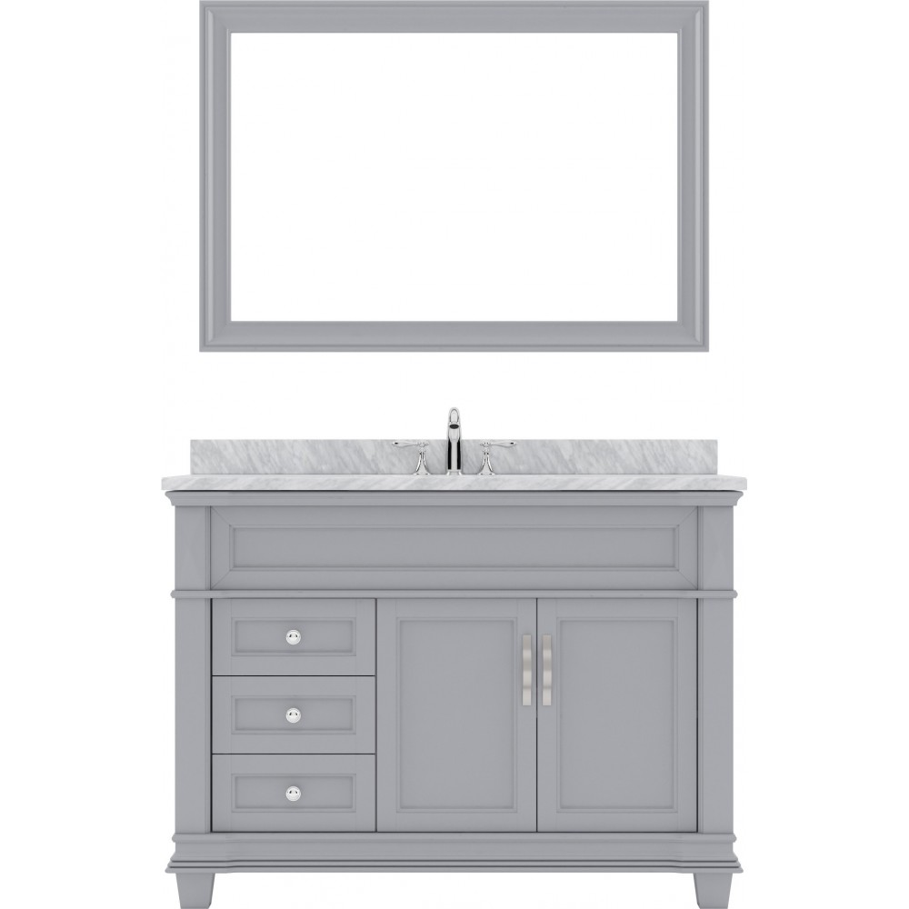 Victoria 48" Single Bath Vanity in Gray with White Marble Top and Square Sink and Matching Mirror