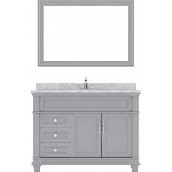 Victoria 48" Single Bath Vanity in Gray with White Marble Top and Square Sink with Brushed Nickel Faucet and Matching Mirror