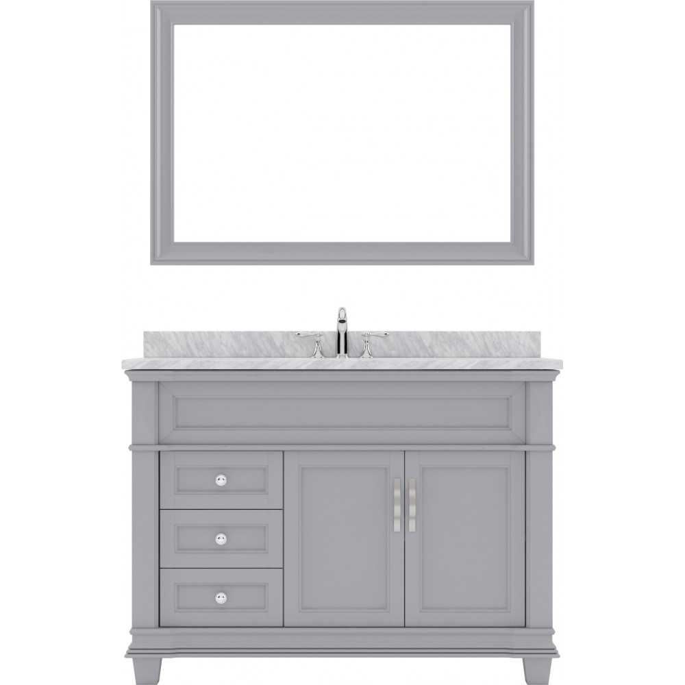 Victoria 48" Single Bath Vanity in Gray with White Marble Top and Square Sink with Brushed Nickel Faucet and Matching Mirror