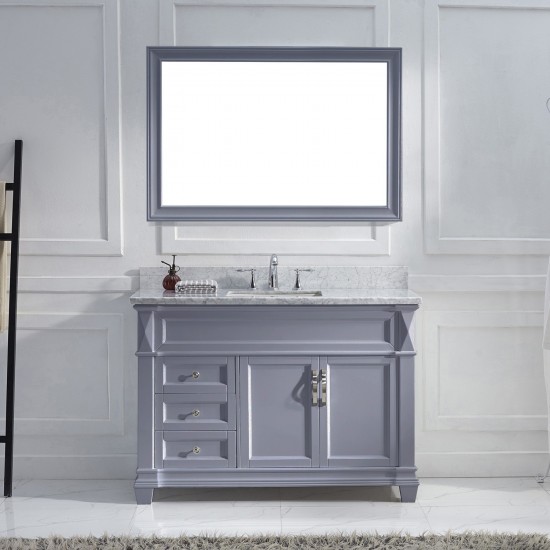 Victoria 48" Single Bath Vanity in Gray with White Marble Top and Square Sink with Polished Chrome Faucet and Matching Mirror