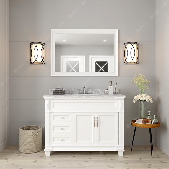 Victoria 48" Single Bath Vanity in White with White Marble Top and Square Sink and Matching Mirror