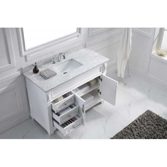 Victoria 48" Single Bath Vanity in White with White Marble Top and Square Sink with Brushed Nickel Faucet and Matching Mirror