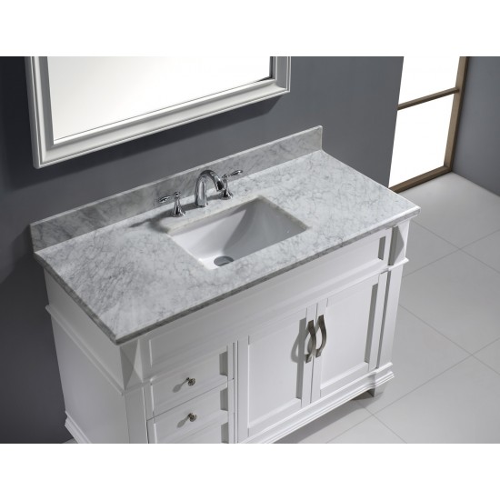 Victoria 48" Single Bath Vanity in White with White Marble Top and Square Sink with Brushed Nickel Faucet and Matching Mirror